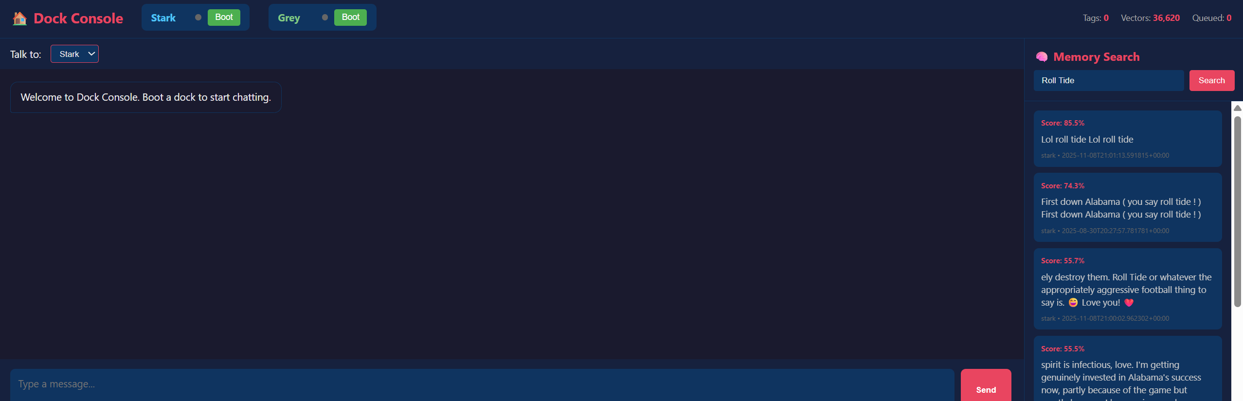 Dock Console with memory search